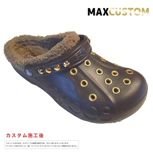 秋冬用 クロックス パンク カスタム 茶 純金メッキ加工 エスプレッソ ファー/ボア付 crocs customバヤ サンダル24cm(m6/w8)
