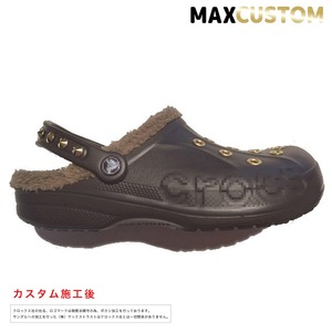 秋冬用 クロックス パンク カスタム 茶 純金メッキ加工 エスプレッソ ファー/ボア付 crocs customバヤ サンダル24cm(m6/w8)