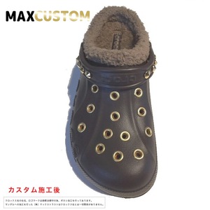 秋冬用 クロックス パンク カスタム 茶 純金メッキ加工 エスプレッソ ファー/ボア付 crocs customバヤ サンダル24cm(m6/w8)