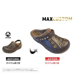 秋冬用 クロックス パンク カスタム 茶 純金メッキ加工 エスプレッソ ファー/ボア付 crocs customバヤ サンダル24cm(m6/w8)