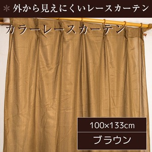 カラーレースカーテン 2枚組 100×133 ブラウン ミラーレース 見えにくい 洗える アジャスターフック付き セルバ2