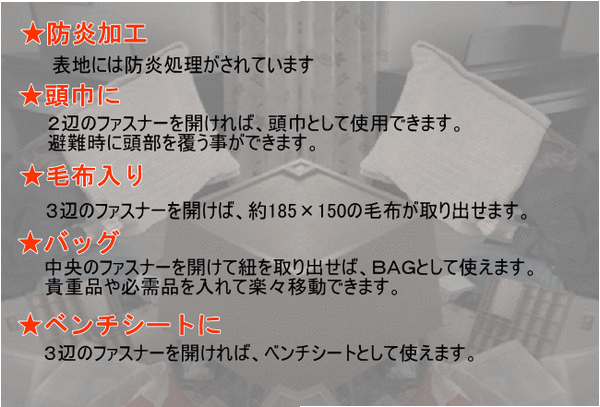 非常用防災リビングクッション/防災頭巾 【防炎加工処理済】 毛布入り