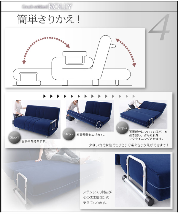 ソファーベッド【ROLLY】ネイビー ふたり寝られるカウチソファベッド【ROLLY】ローリー