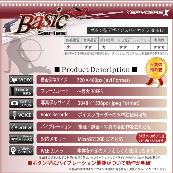 防犯用 小型カメラ ボタン型スパイカメラ スパイダーズX(Basic Bb-617)★SanDisk8GB(Class4)microSDカード付★