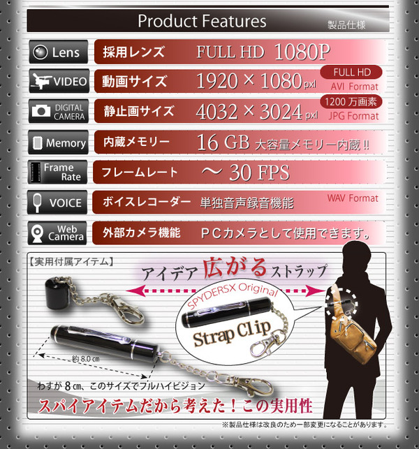 【小型カメラ】フルハイビジョン16GB内蔵／ペン型スパイカメラ（スパイダーズX-P115） 1200万画素