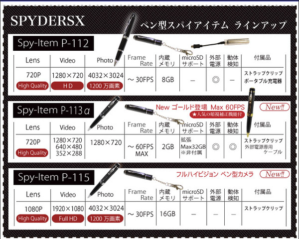 【小型カメラ】フルハイビジョン16GB内蔵／ペン型スパイカメラ（スパイダーズX-P115） 1200万画素