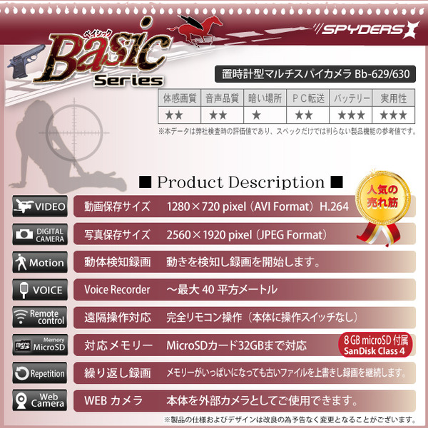 防犯用 小型カメラ 置時計型スパイカメラ スパイダーズX(Basic Bb-630) パールブラック ★SanDisk8GB(Class4)microSDカード 便利なUSBアダプタ付★