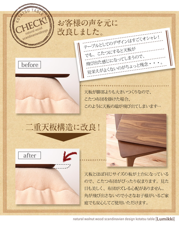 【単品】こたつテーブル 長方形(120×80cm)【Lumikki】ウォールナットブラウン 天然木ウォールナット材 北欧デザインこたつテーブル new! 【Lumikki】ルミッキ