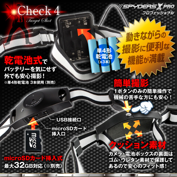 防犯用 小型カメラ ヘルメット用マルチスパイカメラ、スパイダーズX PRO(PR-804)ヘルメットに装着して撮影!