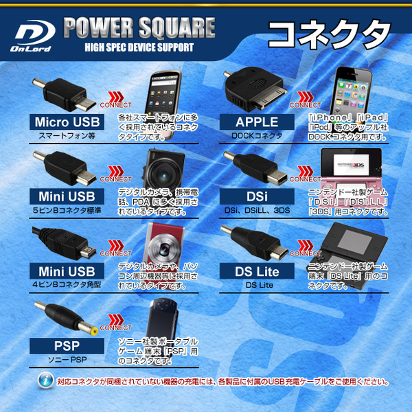 【防犯用】2000mAh大容量ポータブルバッテリー充電器(PowerSquare2000)オンロード(PB-110) ポケットサイズの超薄型超軽量、7種類の変換コネクタ付、防水ケース付【ポータブルバッテリー】【モバイル充電器】