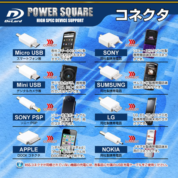 【防犯用】5200mAh大容量ポータブルバッテリー充電器(PowerSquare5200)オンロード(PB-120) 本体格納式USBケーブル、8種類の変換コネクタ付、防水ケース付【ポータブルバッテリー】【モバイル充電器】