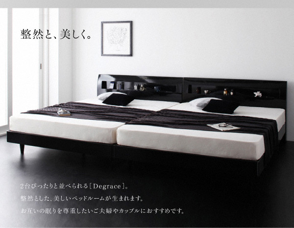 すのこベッド セミダブル Degrace ポケットコイルマットレス:ハード付き アーバンブラック 鏡面光沢仕上げ 棚・コンセント付きモダンデザインすのこベッド Degrace ディ・グレース
