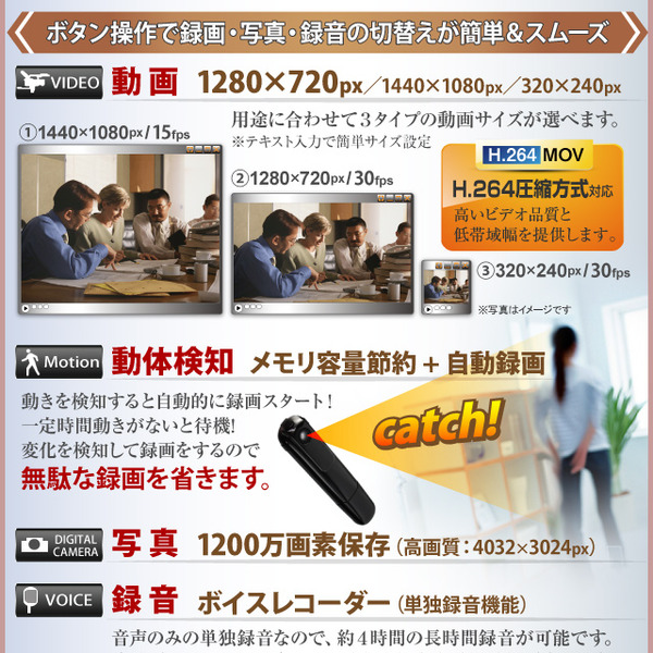 【防犯用】【超小型カメラ】【小型ビデオカメラ】ペン クリップ型 スパイカメラ スパイダーズX Basic (Bb-638W) ホワイト H.264 暗視補正 HDMI出力 広範囲撮影