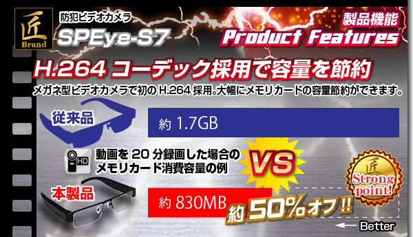 【防犯用】【小型カメラ】メガネ型ビデオカメラ(匠ブランド) 『SPEye S7』(エスピーアイ エスセブン)