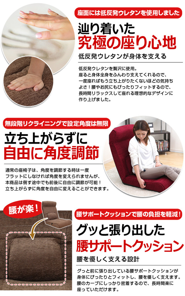 腰にやさしい!低反発入りのレバー付きリクライニング座椅子【-WARAKU-ワラク】(ワイドタイプ) フラワー