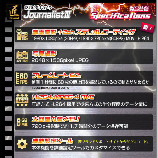 小型カメラ ペン型ビデオカメラ(匠ブランド)『JournalistIII』(ジャーナリスト3)8GB