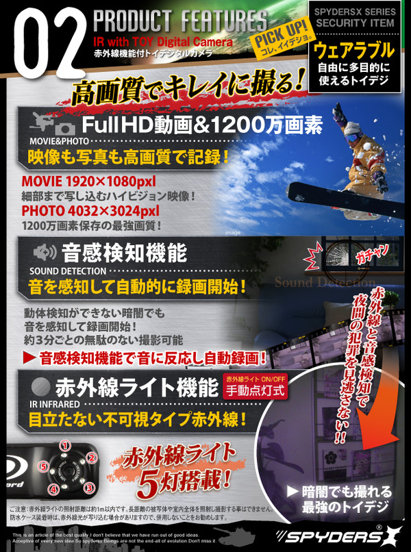 【防犯用】【超小型カメラ】【小型ビデオカメラ】 トイデジ デジタルムービーカメラ 水中カメラ スパイダーズX (A-350) 完全防水ケース付 ウェアラブル アクションカム 赤外線 音感検知