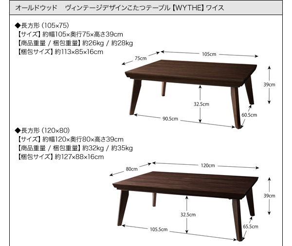 【単品】こたつテーブル 長方形(120×80cm)【WYTHE】ヴィンテージブラウン オールドウッド ヴィンテージデザインこたつテーブル【WYTHE】ワイス