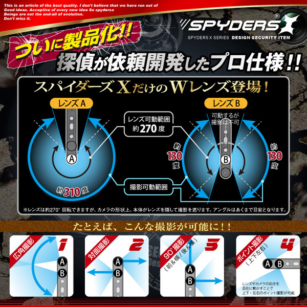 防犯用 超小型カメラ 小型ビデオカメラ ダブルレンズムービーカメラ スパイカメラ スパイダーズX (M-927) 回転式ダブルレンズ 動体検知 常時録画対応