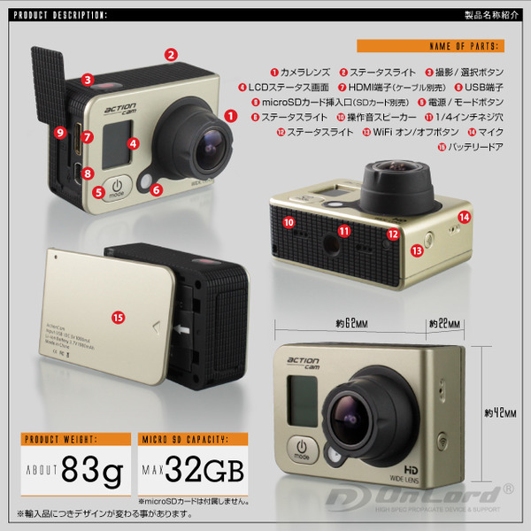 小型カメラ ウェアラブルカメラ スポーツカム アクションカム GoPro(ゴープロ)クラス 1080P 最大60fps WiFi機能 60m防水 広角170° 専用ケース&マウント付属 ActionCam オンロード(OL-101)