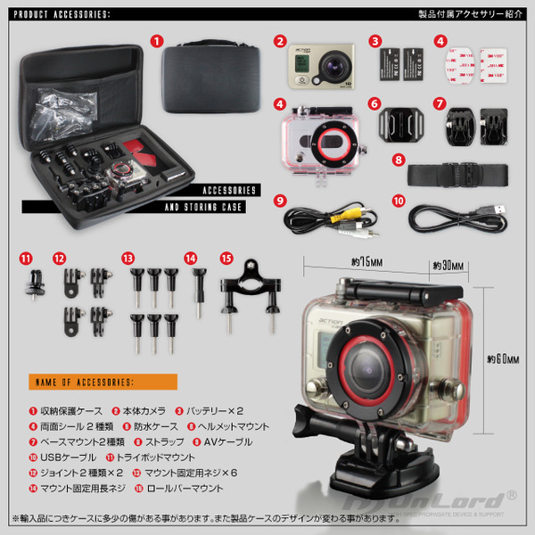 小型カメラ ウェアラブルカメラ スポーツカム アクションカム GoPro(ゴープロ)クラス 1080P 最大60fps WiFi機能 60m防水 広角170° 専用ケース&マウント付属 ActionCam オンロード(OL-101)