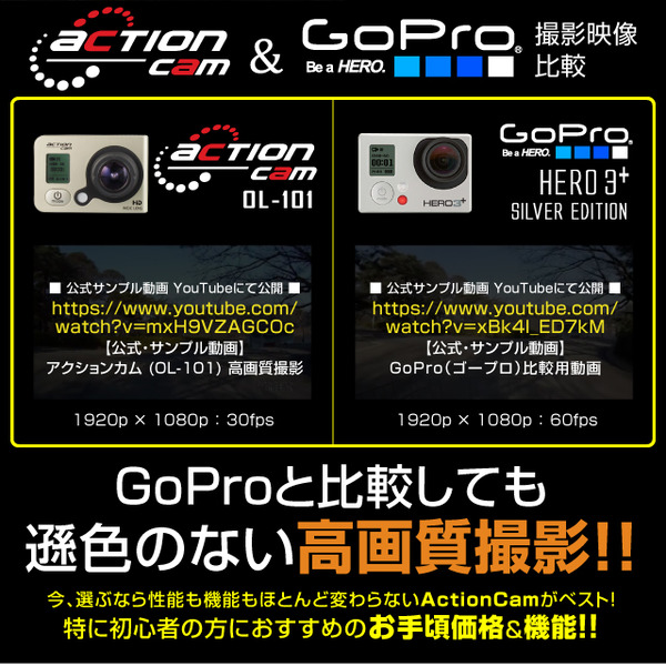 小型カメラ ウェアラブルカメラ スポーツカム アクションカム GoPro(ゴープロ)クラス 1080P 最大60fps WiFi機能 60m防水 広角170° 専用ケース&マウント付属 ActionCam オンロード(OL-101)