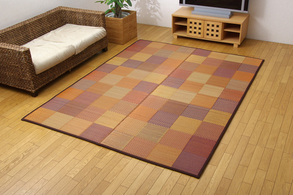 純国産 防音 ボリューム い草ラグ 『STカラフルブロック』 ブラウン 約191×250cm(裏:ソフトテック15mm)