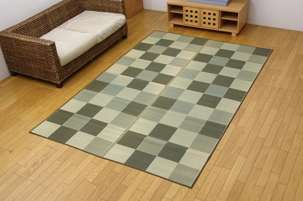 純国産 い草花ござカーペット 『ブロック』 グリーン 江戸間8畳(約348×352cm)