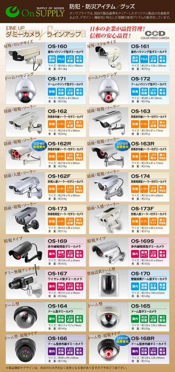 【ダミーカメラ 屋外、防犯カメラ、監視カメラ】 暗視型ソーラーバッテリー付 オンサプライ (OS-173) ブラック 赤色LEDが常時点滅 赤外線 防雨タイプ