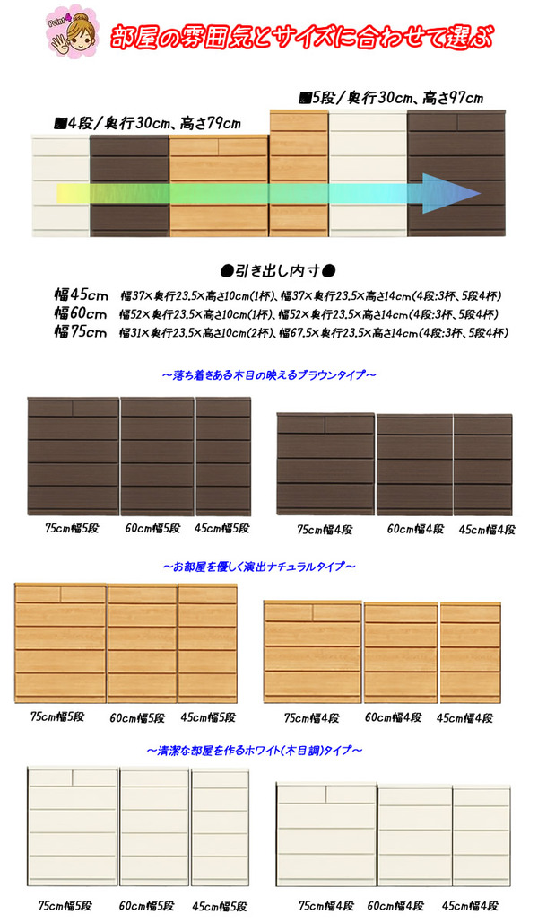 薄型チェスト/リビング収納 【5段/幅45cm】 ナチュラル木目調 奥行30cm ストッパー付き引き出し 日本製 【完成品】