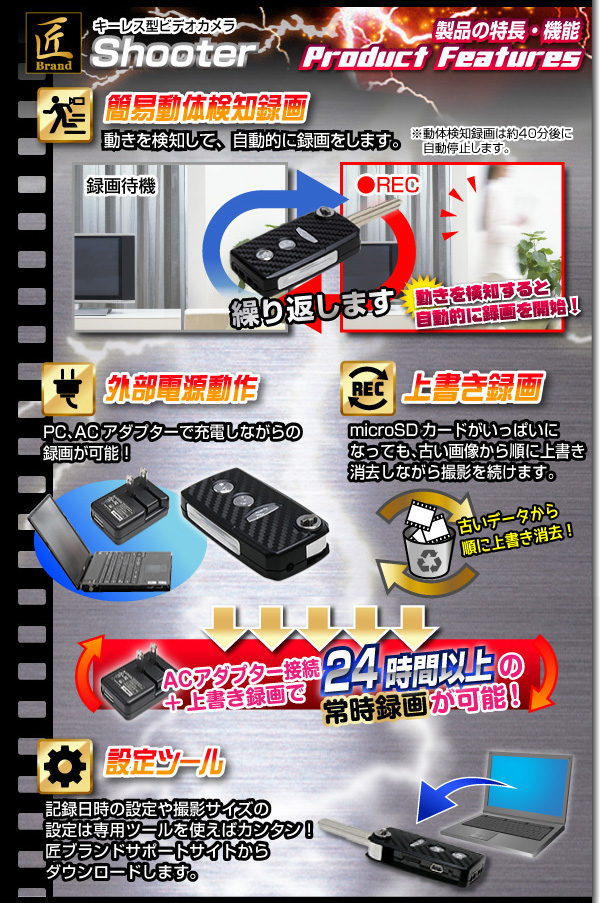 小型カメラ キーレス型ビデオカメラ(匠ブランド)『Shooter』(シューター)