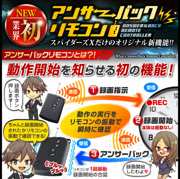 【防犯用】【超小型カメラ】【小型ビデオカメラ】 掛け時計型 スパイカメラ スパイダーズX (C-530α) 720P H.264 長時間稼働 16GB内蔵 アンサーバックリモコン