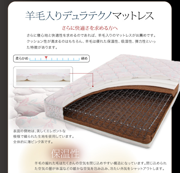 フロアベッド クイーン Truba 羊毛入りデュラテクノマットレス付き ブラウン 照明・棚付き大型フロアベッド Truba トルバ