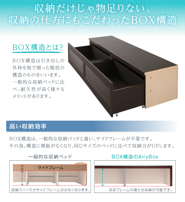 チェストベッド ダブル AiryBoX 羊毛入りデュラテクノマットレス付き ダークブラウン 棚・コンセント付き_布団がしまえる大容量チェストベッド AiryBoX エアリーボックス