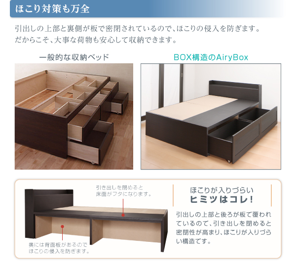 チェストベッド ダブル AiryBoX 羊毛入りデュラテクノマットレス付き ダークブラウン 棚・コンセント付き_布団がしまえる大容量チェストベッド AiryBoX エアリーボックス