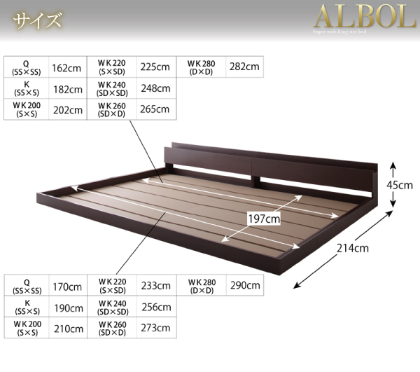 フロアベッド ワイドキング220 ALBOL 羊毛入りデュラテクノマットレス付き オークホワイト 大型モダンフロアベッド ALBOL アルボル