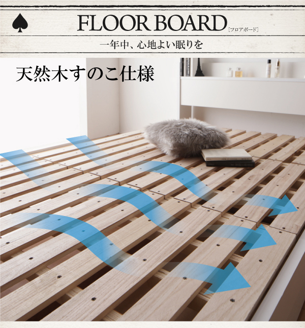 すのこベッド シングル Fort spade 羊毛入りデュラテクノマットレス付き ホワイト 棚・コンセント付き収納すのこベッド Fort spade フォートスペイド