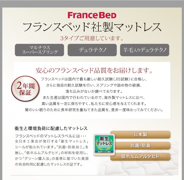 すのこベッド シングル Fort spade 羊毛入りデュラテクノマットレス付き ホワイト 棚・コンセント付き収納すのこベッド Fort spade フォートスペイド