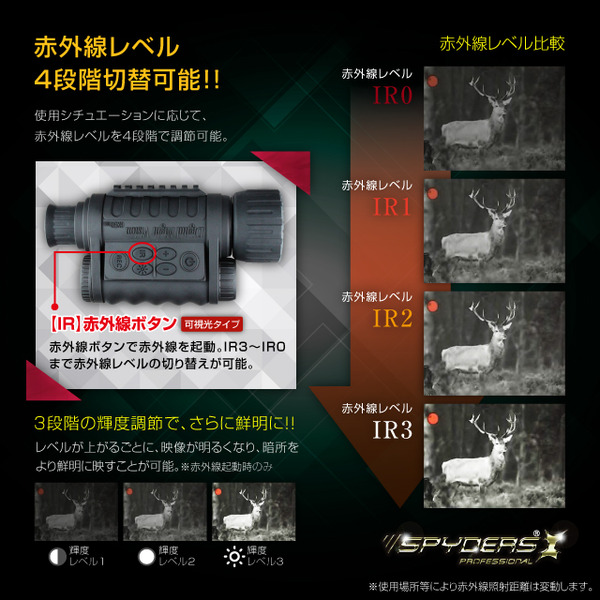 【防犯用】【暗視スコープ】【小型カメラ】 撮影機能付 単眼鏡型ナイトビジョン スパイカメラ スパイダーズX PRO (PR-813) 赤外線照射約350m 光学6倍レンズ 暗視補正 内蔵液晶ディスプレイ 32GB対応