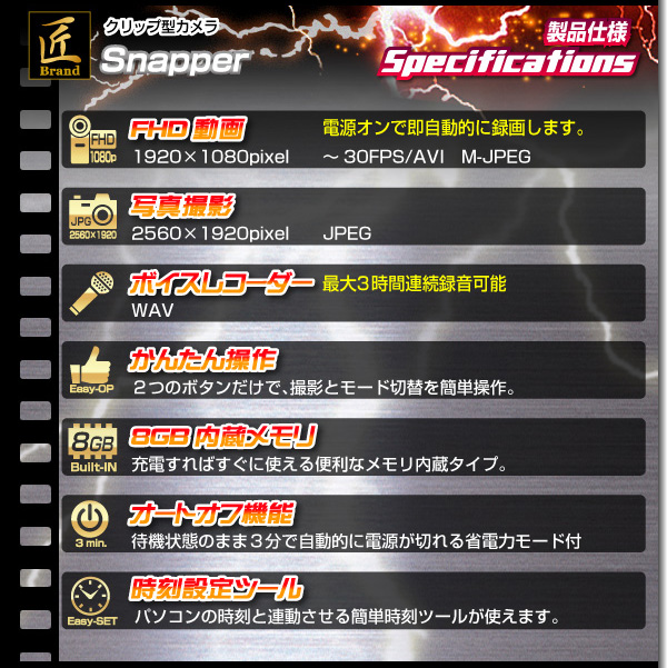 【小型カメラ】クリップ型ビデオカメラ(匠ブランド)『Snapper』(スナッパー)