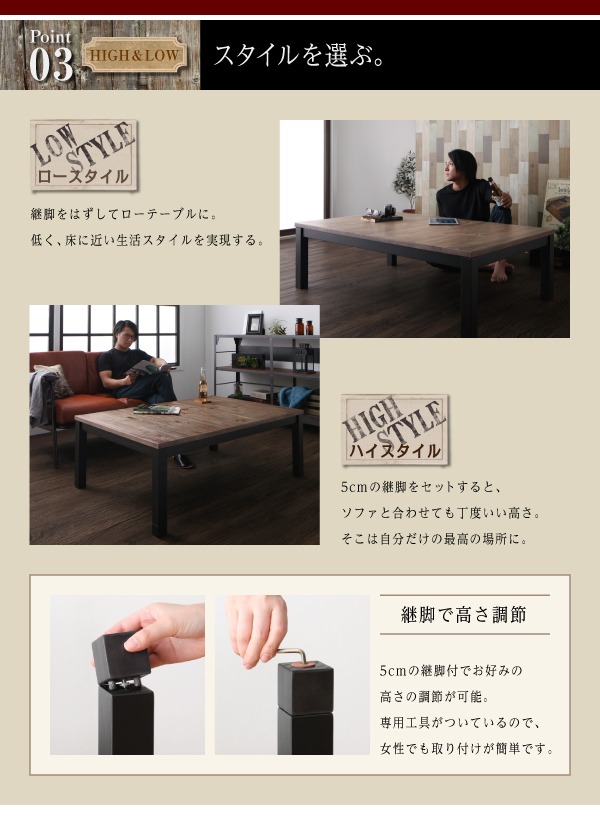 【単品】こたつテーブル 長方形(120×80cm) カラー:ヴィンテージウッド 古木風ヴィンテージデザインこたつテーブル Nostalwood ノスタルウッド