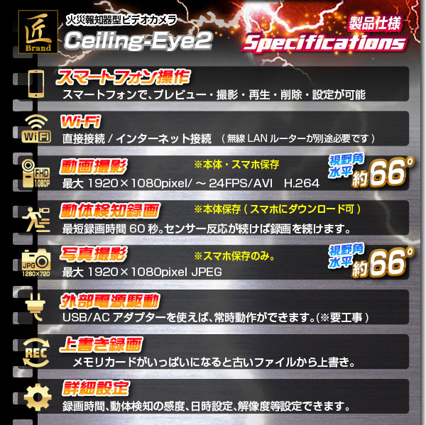 【小型カメラ】Wi-Fi火災報知器型ビデオカメラ(匠ブランド)『Ceiling-Eye2』(シーリングアイ2)