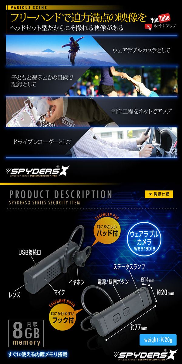 【防犯用】隠しカメラ ヘッドセット型カメラ ハンズフリーフォン スパイカメラ スパイダーズX (M-937W / ホワイト) 小型カメラ 1080P 簡単操作 8GB内蔵 - 商品画像