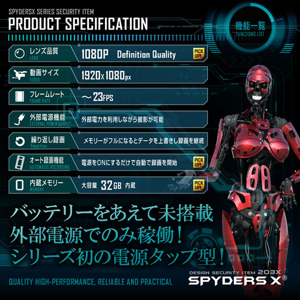 【防犯用】【超小型カメラ】【小型ビデオカメラ】 電源タップ型カメラ スパイカメラ スパイダーズX (M-941) 1080P 簡単操作 32GB内蔵
