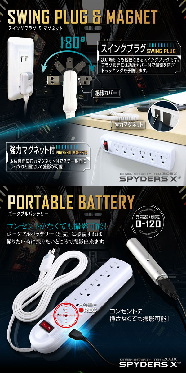 【防犯用】【超小型カメラ】【小型ビデオカメラ】 電源タップ型カメラ スパイカメラ スパイダーズX (M-941) 1080P 簡単操作 32GB内蔵