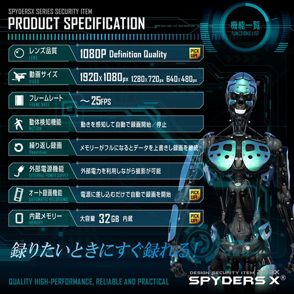 【防犯用】【超小型カメラ】【小型ビデオカメラ】 USBケーブル型カメラ スパイカメラ スパイダーズX (M-942W) ホワイト オート録画 32GB内蔵