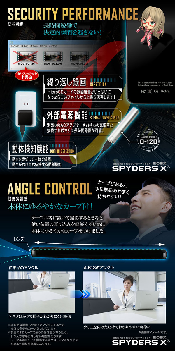 【防犯用】【超小型カメラ】【小型ビデオカメラ】 スマートフォン型カメラ スパイカメラ スパイダーズX (A-613) 1080P 動体検知 モバイルバッテリー 超省電力ICチップ搭載