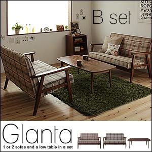 ソファーセット Bセット【Glanta】ローテーブル+ソファ×2 チェックグレー×チェックオレンジ ソファ&ローテーブルセット【Glanta】グレンタ