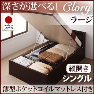 収納ベッド ラージ シングル【縦開き】【Clory】【薄型ポケットコイルマットレス付】 ナチュラル 新開閉タイプ＆深さが選べるコンセント付きガス圧式跳ね上げ収納ベッド【Clory】クローリー