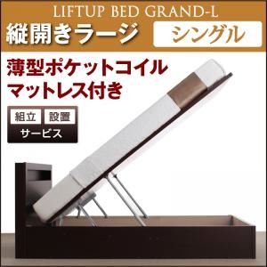 【組立設置費込】 収納ベッド ラージ シングル【縦開き】【Grand L】【薄型ポケットコイルマットレス付】 ダークブラウン 新 開閉タイプが選べるガス圧式跳ね上げ大容量収納ベッド【Grand L】